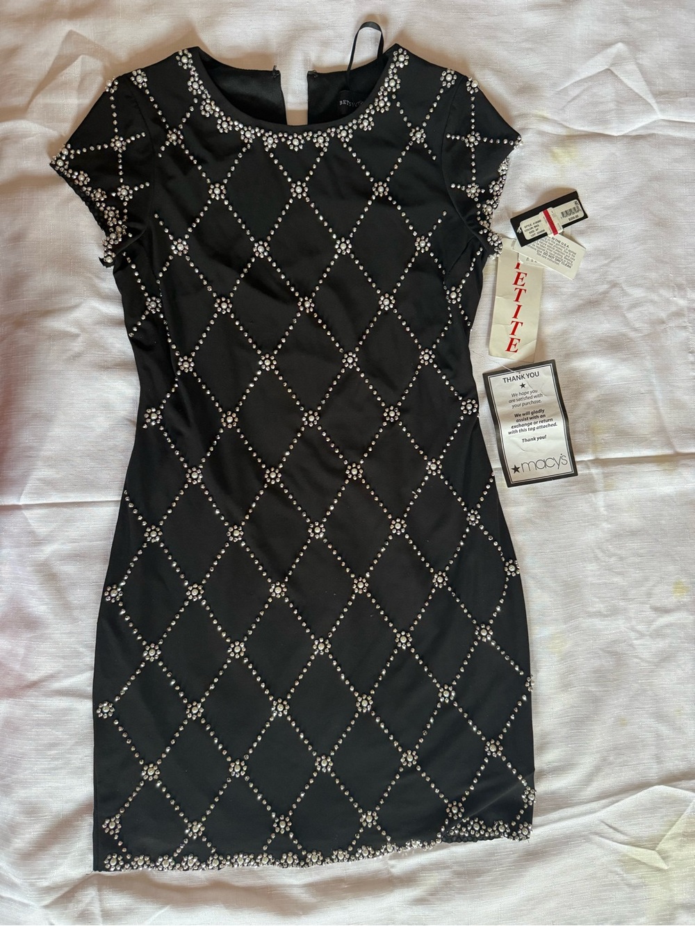 Betsy & Adam Pearl Rhinestone Embellished Sheath Mini Dress 4P NWT
